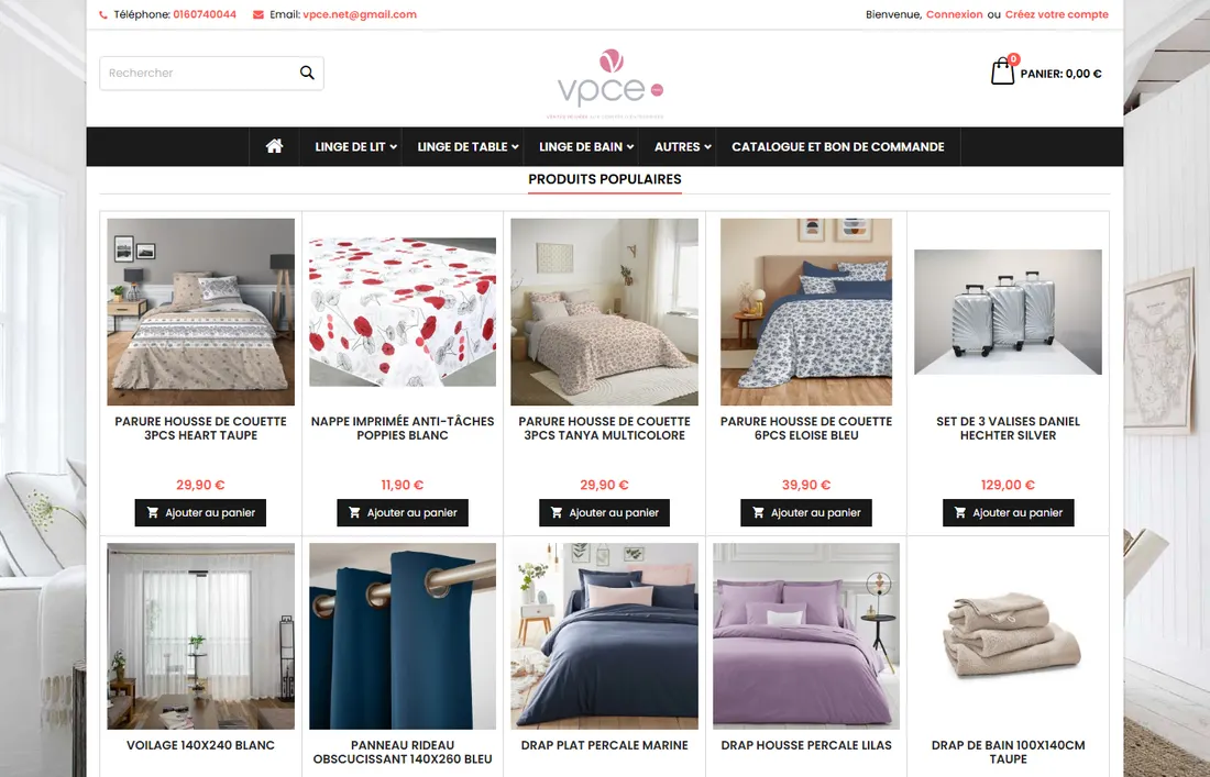 Page d'accueil du site de VPCE — linge de maison